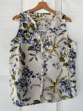 Joie Sleeveless Floral Button-Front Blouse - Blue & Olive on Cream